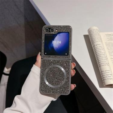 Imagem de Bling diamante caso para samsung z flip 5 4 3 zflip5 flip3 magnético de carregamento sem fio brilhante capa fina, cinza, para samsung zflip6