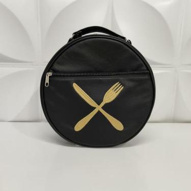 Imagem de Bolsa Porta Pratos Personalizado Talheres Preto Couro Legítimo - Coutr