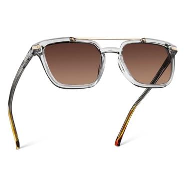 Imagem de WearMe Pro Óculos de sol aviador quadrado masculino moderno - ponte de metal duplo com lentes polarizadas, Armação cinza cristal gelo/lente marrom gradiente, One Size