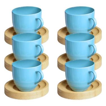 Imagem de Jogo 6 Xícara Café Azul Com Pires Madeira 95ml - MUNDO DA PORCELANA