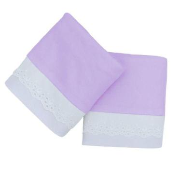 Imagem de Kit 2 Fronhas Malha 50x70cm Decorada Bordado Inglês Lilás Arrumadinho 