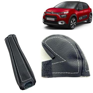Imagem de Kit Capas Couro Manopla Câmbio Manual E Alavanca Freio de Mão Citroen 