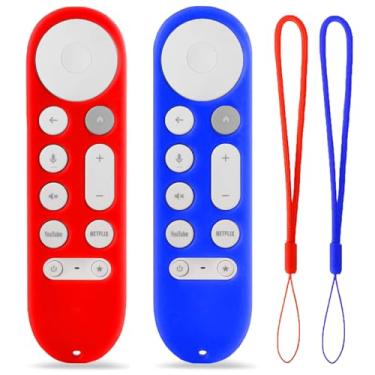 Imagem de Pacote com 2 capas de silicone TOKERSE para Google TV Streamer 4K 2024 Controle remoto de pesquisa por voz - Capa protetora macia antiderrapante com cordão - Vermelho Azul escuro