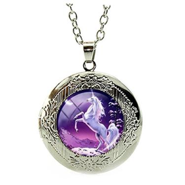 Imagem de DianaL Boutique prateado bonito branco unicórnio medalhão pingente colar de vidro cabochão arte imagem joia