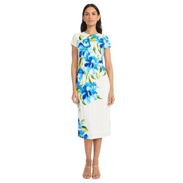 Imagem de Maggy London Vestido feminino elástico midi bainha cavada gola redonda - vestido de convidada de casamento, Branco macio/azul royal, 46