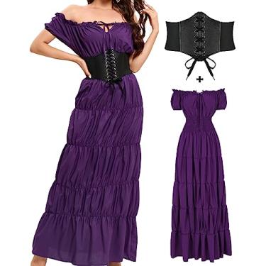 Imagem de BITSEACOCO Vestido feminino renascentista medieval, fantasia de bruxa camponesa pirata de Halloween, vestidos longos de chemise de fada irlandesa (roxo, P)