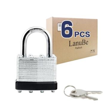Imagem de LanuBe Cadeado com chave laminada (1-9/16 polegadas, 40 mm), fechaduras semelhantes com chave, manilha normal, aro de plástico preto marcado, pacote com 6..