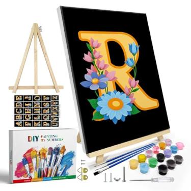 Imagem de JOOZ Kit de pintura de letras por números para adultos com moldura, pintura por números para iniciantes com cavalete, letras faça você mesmo, flores pintadas por números, kits fáceis de pintar por