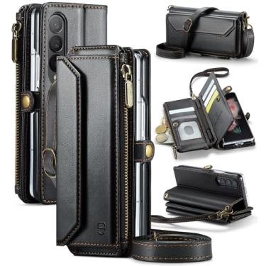 Imagem de Strapurs Capa tipo carteira transversal para Samsung Galaxy Z Fold 3 【bloqueio de RFID】 com compartimento para S Pen, bolso com zíper de couro sintético macio com zíper para 5 cartões, alça de ombro