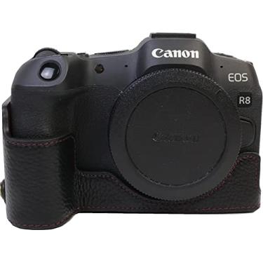 Imagem de Capa para R8, BolinUS feita à mão em couro genuíno para meia câmera para Canon EOS R8 versão com abertura inferior + alça de mão (preto)