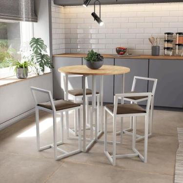 Imagem de Conjunto Mesa Redonda Pinus 4 Cadeiras Pequena Estofado Industrial Whi