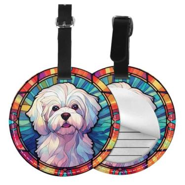Imagem de Arte de vidro manchado maltês de raça de cachorro 2 peças de etiqueta de bagagem para mala, etiquetas de bolsa de nome, identificadores de bagagem redondos com capa de privacidade, etiqueta de