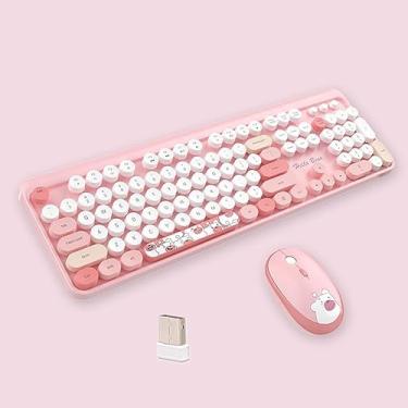 Imagem de Teclado e Mouse Sem Fio 2.4G Rosa Bear Weireless Retrô
