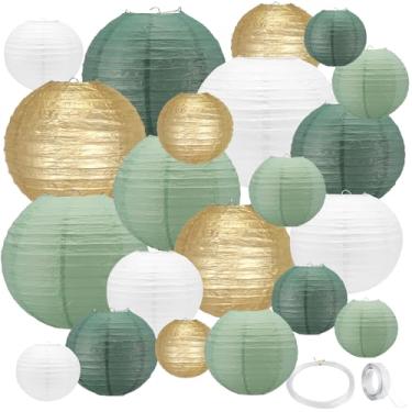 Imagem de GAILROSO 21Pcs Lanternas De Papel Verde Sálvia, 4" 6" 8" 10" 12" Lanternas De Papel Redondas Penduradas Decorativas Com Fita E Barbante Para Chá De Panela, Chá De Bebê, Casamento, Festa De Aniversár
