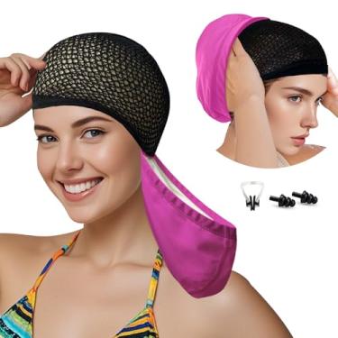Imagem de Lynllsh Touca de natação feminina para cabelo comprido tecido PU touca de natação para mulheres homens adultos jovens com tampão de ouvido e clipe de nariz, chapéus de natação para proteger o cabelo