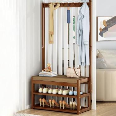 Imagem de Cabideiro moderno 3 em 1 industrial sapateira prateleira de armazenamento corredor independente árvore cabideiro com 9 ganchos sapato para corredor, sala de estar, quarto