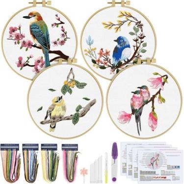 Imagem de Kit de bordado ERKOON para iniciantes com beija-flor e flor