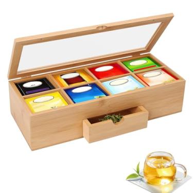 Imagem de Organizador de saquinhos de chá, caixa organizadora de chá, suporte para saquinhos de chá com gaveta e janela de acrílico, 8 compartimentos, recipiente de armazenamento de chá para saquinhos de