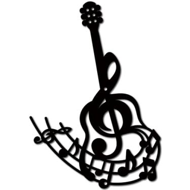 Imagem de CREATCABIN Decoração de parede de metal musical arte de parede de metal ornamento para pendurar na parede de guitarra preto escultura de parede de metal interior oco presente para família amigo festa