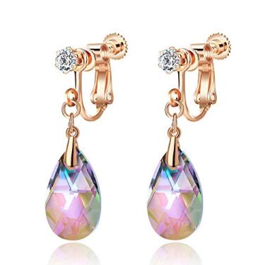 Imagem de Brincos pendentes com pingente de cristal Swarovski em formato de gota para mulheres, joias hipoalergênicas banhadas a ouro rosé 14 k sem furos