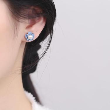 Imagem de Brincos de pérola de flor folheados a prata, retrô, azul, esmaltado, para mulheres, lindos brincos de folha de pérola Sakura, declaração de fada, verão, refrescante, à beira-mar, idílico, brincos de