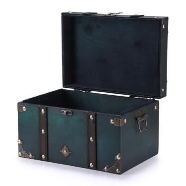 Imagem de ELLDOO Baú de tesouro vintage, caixa de lembranças de pirata para presentes, armazenamento de madeira, recipiente decorativo verde para joias, bugigangas de pérolas, cartas de tarô - grande