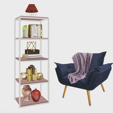 Imagem de Kit Poltrona Fatte com Manta Soft Lilás e Estante Livreiro Ferro Branco mdf Rose Suede Azul Marinho - Ahz Móveis