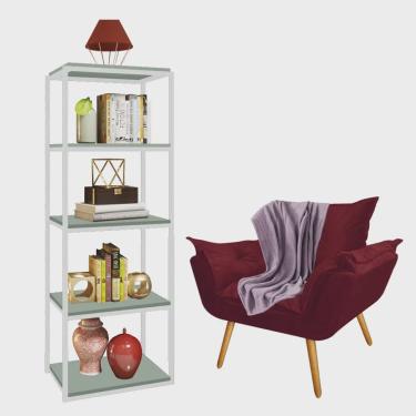 Imagem de Kit Poltrona Fatte com Manta Soft Lilás e Estante Livreiro Ferro Branco mdf Verde Oliva Suede Bordô - Ahazzo Móveis