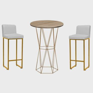 Imagem de Kit Mesa Bistrô Flork e 2 Banqueta Lucca Alta Com Encosto Bar Gourmet Tampo Madeira Ferro Dourado Corino Branco - Ahazzo Móveis