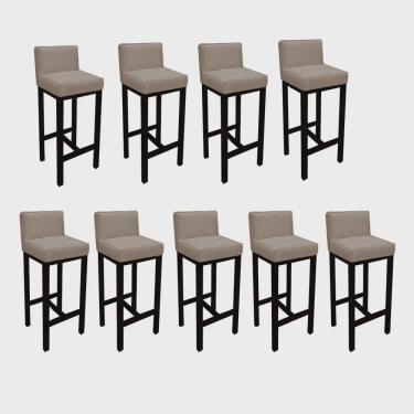Imagem de Kit 09 Banqueta Alta Com Encosto Loren Cozinha Balcão Bistrô Base Madeira Preto Corino Bege - Ahz Móveis