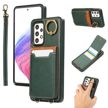 Imagem de Design minimalista moderno para Samsung GalaxyA22 (4G) [4 compartimentos para cartão e suporte] Capa de telefone carteira de couro de bezerro com anel de metal e alça de pulso para mulheres e homens