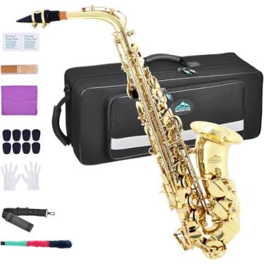 Imagem de EASTROCK Saxofone alto dourado E Flat Sax Kit completo para estudantes iniciantes com estojo de transporte, bocal, almofadas de almofada, pano de limpeza e haste de limpeza, luvas brancas, alça de