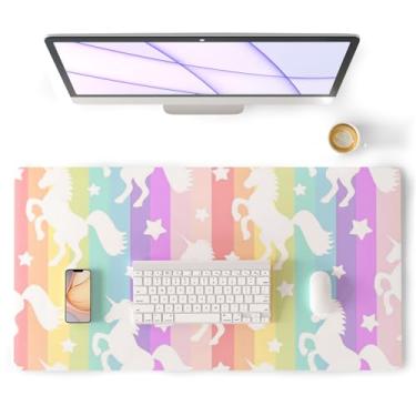 Imagem de Colorful Star Tapete de mesa de unicórnio, tapete de mesa de couro para meninas e mulheres, acessórios de mesa fofos arco-íris decoração de escritório kawaii, impermeável, antiderrapante, grande