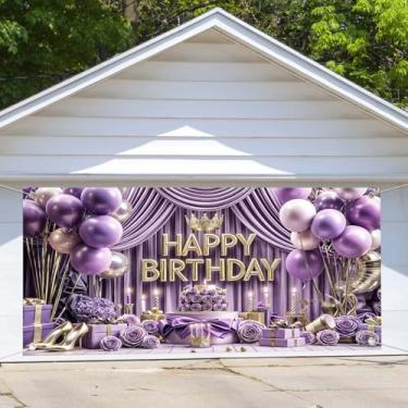 Imagem de Capa de porta de garagem de aniversário roxa prata banner balões coroa bolo feliz aniversário decoração de festa mulheres meninas celebrações aniversário interior exterior parede porta fotografia