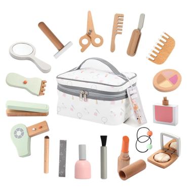 Imagem de Conjunto de brinquedos de maquiagem Tetewood Wooden Kids com bolsa de cosméticos, 19 unidades