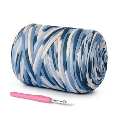 Imagem de Fio de camiseta (800 g/228 jardas), fio de crochê macio para artesanato e faça você mesmo, tecido de crochê/bolsa/cesta/porta-copos, tecido elástico 100% poliéster grosso (azul-branco)