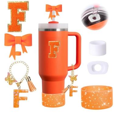 Imagem de Conjunto de 6 peças de acessórios de copo Stanley laranja adequado para Stanley Cup 850.5 g 1,134 g, incluindo tampa à prova de derramamento, bota de silicone brilhante, topo de palha em forma de laço