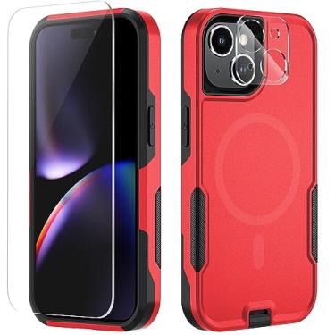 Imagem de Xmon Capa magnética para iPhone 15 Plus [testada em queda de grau MIL, com MagSafe] Protetor de tela de vidro temperado com lente de câmera, capa de telefone para Apple iPhone 15 Plus de 6,7 polegadas (vermelha)