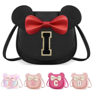 Imagem de XSUIOY Bolsa infantil para meninas, presente de aniversário para crianças, bolsa infantil com inicial personalizada, lindo laço de orelha, presente de menina, Grande-preto-preto, I, I