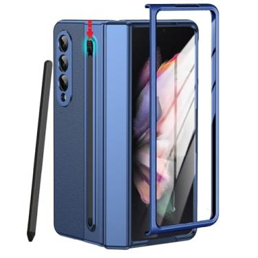 Imagem de YQODSZ Capa para Samsung Galaxy Z Fold 3 com suporte para caneta S e caneta Stylus, capa de couro premium Z Fold 3 com proteção de dobradiça, cobertura total, capa fina para Z Fold 3 azul