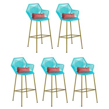 Imagem de Kit 05 Banqueta Alta Sttar Ferro Dourado Fibra Azul Turquesa Almofada Suede Rose Gold