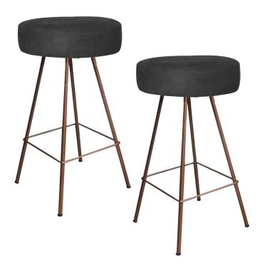 Imagem de Kit 02 Banqueta Alta Laisa Industrial Redonda Cozinha Bar Bistrô Ferro Bronze Sintético Preto