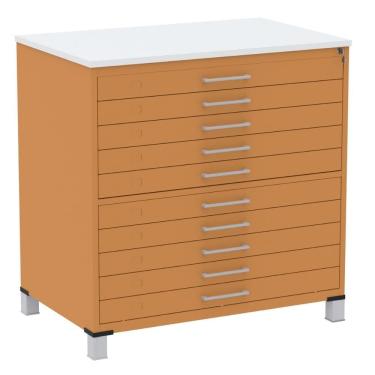Imagem de Mapoteca 10 Gavetas Pandin 120 Cm (larg) Inmetro Tampo Mdp Branco Estrutura E Gavetas Em Aço Laranja