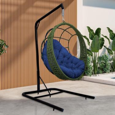 Imagem de Cadeira Balanço Ninho Suspenso Em Corda Náutica Luxo Com Suporte Verde-azul