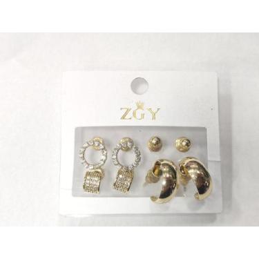 Imagem de Kit 4 pequenos Brincos femininos folheados de zircão Brincos Argola - 