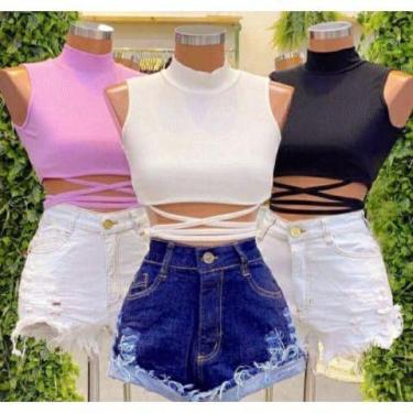 Imagem de Blusa cropped canelado feminino gola alta cavado amarração na cintura 
