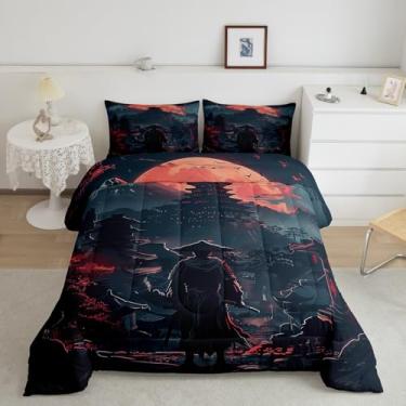 Imagem de Feelyou Conjunto de edredom Queen com estampa de samurai japonês, vermelho, preto, guerreiro, para meninos e meninas, adolescentes, torre oriental, retrô, com estampa de tinta, respirável, conjunto de