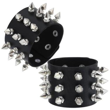 Imagem de PEOVLVN 2 pulseiras cravejadas, pulseiras góticas punk rock com pontas de couro preto rebite pulseira para homens mulheres 80 acessórios emo