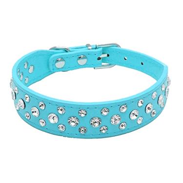 Imagem de Haoyueer Coleira de couro PU com strass brilhante diamante para animais de estimação cão gato filhote de cachorro preto P M G GG (GG, azul claro)