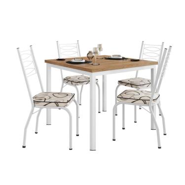 Imagem de Conjunto de Mesa Quadrada com Tampo MDP e 4 Cadeiras Adriana Revestimento Sintético Bege Estampado e Branco